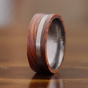 Mens Wood Wedding Band, Mens Unique Ring, Mens Titanium Wedding Band, Titanium Ring Wood Inlay Ring, 8mm Wooden Wedding Rings for Men image 1