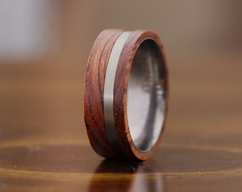 Mens Wood Wedding Band, Mens Unique Ring, Mens Titanium Wedding Band, Titanium Ring Wood Inlay Ring, 8mm Wooden Wedding Rings for Men