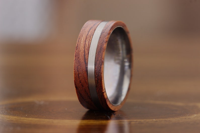 Mens Wood Wedding Band, Mens Unique Ring, Mens Titanium Wedding Band, Titanium Ring Wood Inlay Ring, 8mm Wooden Wedding Rings for Men image 1