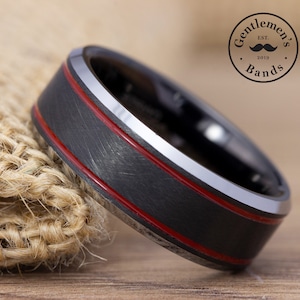 Men&#39;s Black and Silver Wedding Ring, Red Striped Wedding Ring, Mens Wedding Band, Mens Engagement Ring, Mens Anniversary Ring, Two Tone Ring