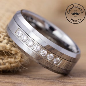 Men&#39;s Silver with CZ Diamonds Wedding Ring, Polished Wedding Ring, Mens Wedding Band, Mens Engagement Ring, Mens Anniversary Ring