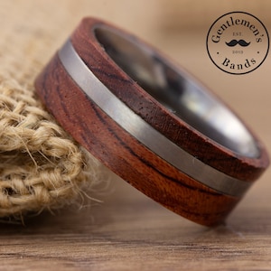 Rose Wood Silver Titanium Wedding Band, Mens Wedding Ring, Titanium Silver Ring Wood Inlay, 8mm Unique Wooden Wedding Ring, Engagement Band