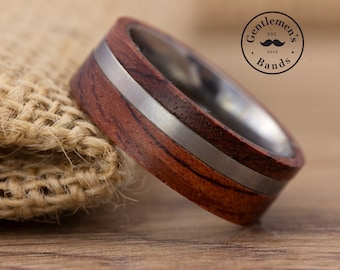 Rose Wood Silver Titanium Wedding Band, Mens Wedding Ring, Titanium Silver Ring Wood Inlay, 8mm Unique Wooden Wedding Ring, Engagement Band
