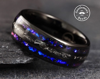 Orion Nebula Ring, Meteorite Ring, Outer Space Ring, Blue Sandstone Ring, Men Wedding Band, Black Obsidian Tungsten, Husband Anniversary