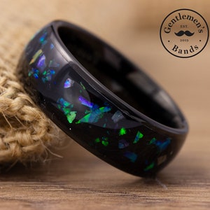 Mens Opal Wedding Band, Black Opal Ring, Tungsten Ring Men, Engagement Ring, Black Dome Ring, Abalone Ring, Promise Ring, 15th anniversary