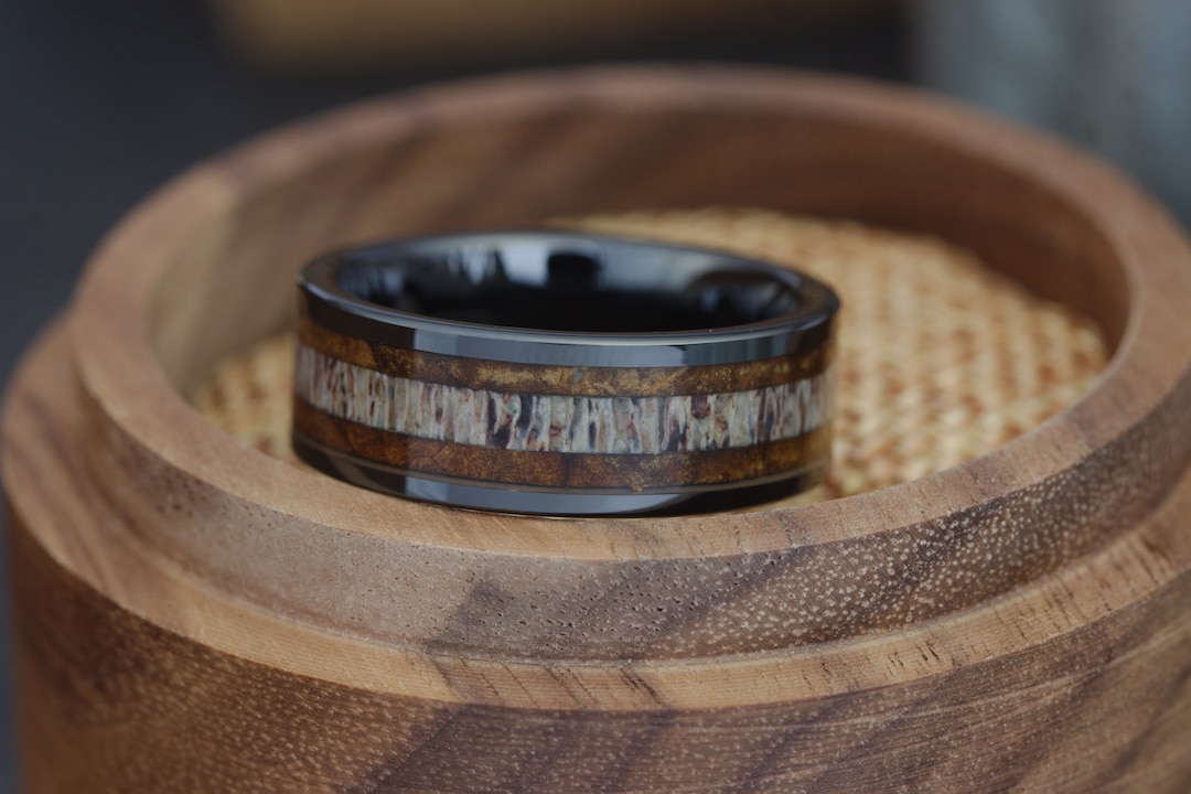 Antler Wedding Ring, 8mm Deer Antler Ring With Black Inlay, Wedding Band Ring, Mens Ring, Antler
