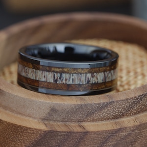 Antler Wedding Ring, 8mm Deer Antler Ring with Black Inlay, Wedding Band Ring, Mens Ring, Antler wood inlay Wedding Band Mens Wedding Ring