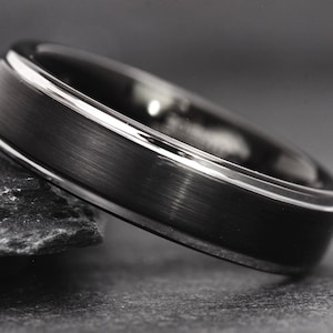 Black Brushed Silver Wedding Band, Mens Black Wedding Ring with Silver Polished Edges, Men Engagement Ring, Promise Band, Anniversary Gift
