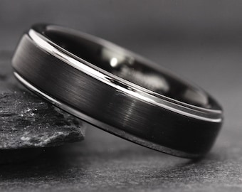 Black Brushed Silver Wedding Band, Mens Black Wedding Ring with Silver Polished Edges, Men Engagement Ring, Promise Band, Anniversary Gift