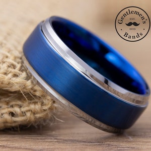 Mens Blue Wedding band, Mens Blue Ring, Mens Wedding Band, Blue and Silver Ring, Mens Tungsten Ring, Blue Wedding Band, Silver Wedding Ring