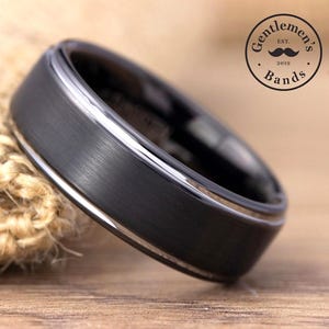 Black Brushed Silver Wedding Band, Mens Black Wedding Ring with Silver Polished Edges, Men Engagement Ring, Promise Band, Anniversary Gift