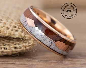 Wood & Deer Antler Ring Mens Wedding Band with Arrow Inlay, Tungsten Wedding Band Mens Ring, Rose Gold Ring, Mens Unique Koa Wood Ring