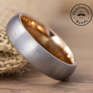 Silver Tungsten Wedding Ring with Rose Gold, Mens Wedding Band, Brushed Silver Ring, Mens Silver Ring, Engagement Ring, Anniversary Band