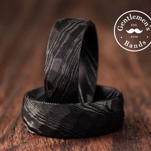 Damascus Wedding Band, Mens Wedding Ring, Black Damascus Ring, Husband Anniversary Gift, Mens Engagement Ring, Birthday Gift, Black Ring