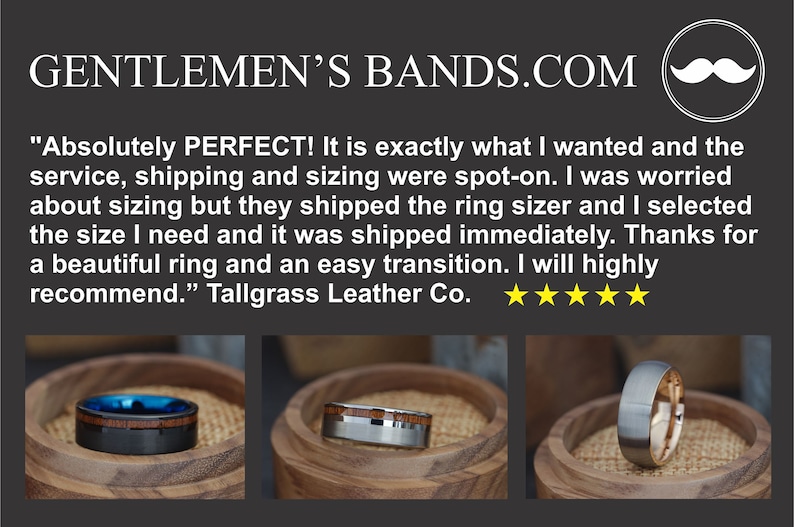 May include: The image showcases three rings in wooden bowls. The rings have various designs, including a black band with a blue interior, a silver band with wood inlays, and a silver band with a gold interior. The website GENTLEMEN'S BANDS.COM is displayed at the top.