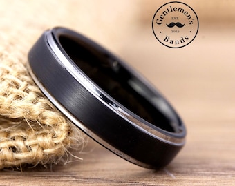 Mens Black Wedding Ring With Silver, Mens Wedding Band, Black Obsidian Tungsten Ring, Mens Thin Ring, Black Ring, Husbands Anniversary Ring