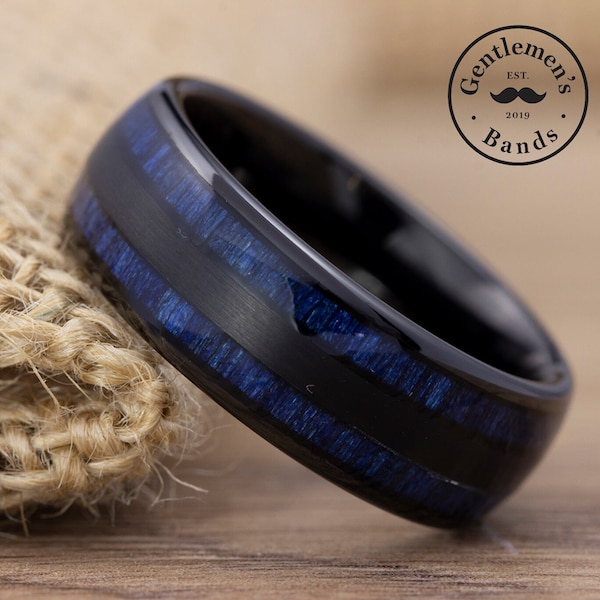 Mens Wood Ring with Exotic Blue Wood Inlay, Mens Tungsten Wedding Band, Wooden Ring, Unique Wedding Ring, Black Tungsten Ring, Mens Ring