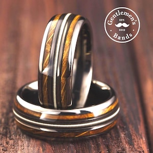 Guitar String Ring, Whiskey Barrel Ring, Mens Wedding Band, Whiskey Wood Ring, Husbands Anniversary Gift, Mens Birthday Gift, Wood Ring