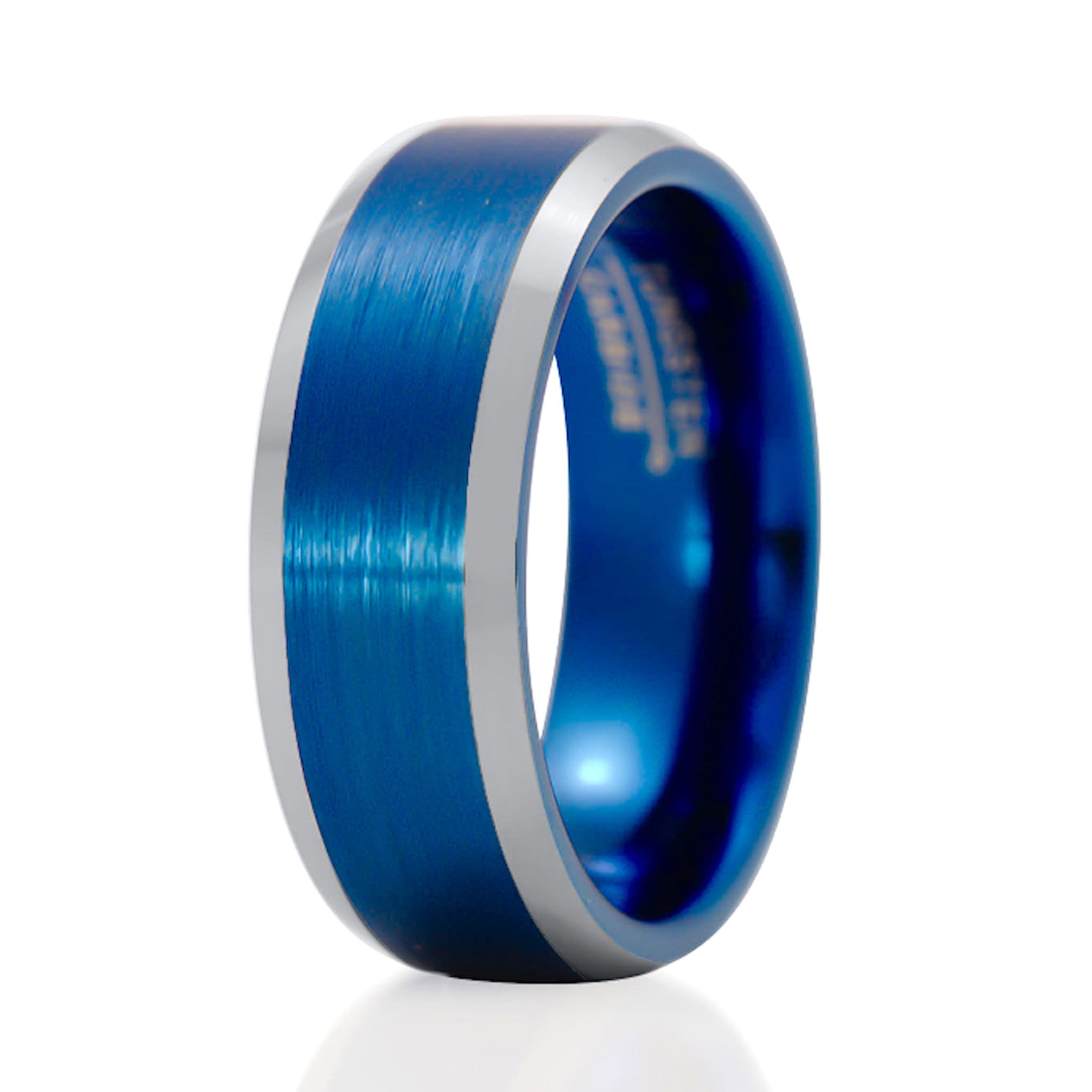 Men's Blue Wedding Ring, Brushed Center Polished Edge Wedding Ring ...