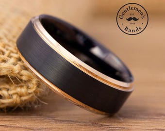 Black Mens Wedding Band, Mens Wedding Band, Mens Tungsten Wedding Band, Mens Black Ring, Black and Rose Gold Wedding Ring, Mens Promise Ring
