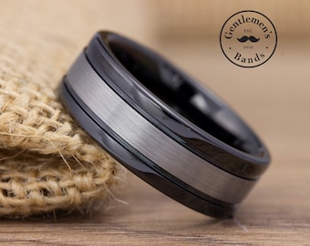 Black and Silver Wedding Ring, Mens Band, Two Toned Ring Tungsten Ring, 8mm Black Wedding Band, Men Silver Ring, Unique Wedding Ring