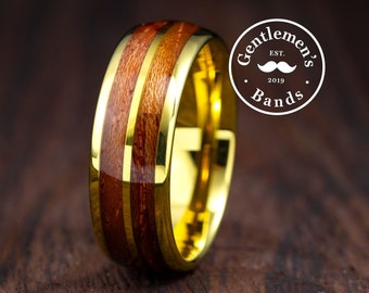 Mens Gold Ring, Koa Wood ring, Wood Wedding Ring, Mens Wedding Band, Tungsten Ring Man, Curved Wedding Band, Husband 10TH Anniversary Gift