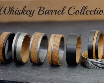 Whiskey Barrel Ring Collection, Mens Wedding Band Wood Inlay Ring - Tungsten Wood Wedding Band, Mens Ring, Unique Whiskey Ring Wood Ring Men