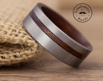 Silver Titanium Wood Wedding Band, Mens Wedding Ring, Titanium Ring, Rose Wood Inlay, 8mm Wooden Wedding Ring, Engagement Band, Anniversary