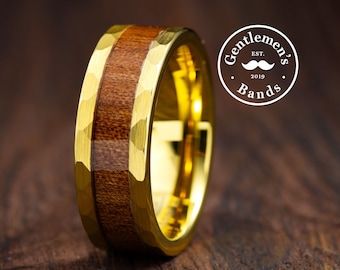 Hammered Gold Ring, Hawaii Koa Wood Ring, Mens Wood Ring, Mens Wedding Band, Men Gold Ring, Mens Gold Promise Ring, Husband Anniversary Gift