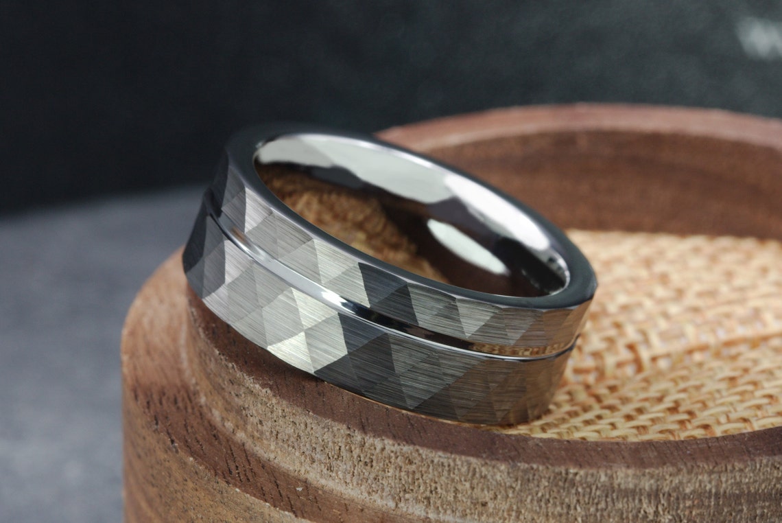 Mens Hammered wedding Ring Brushed Silver Wedding Band