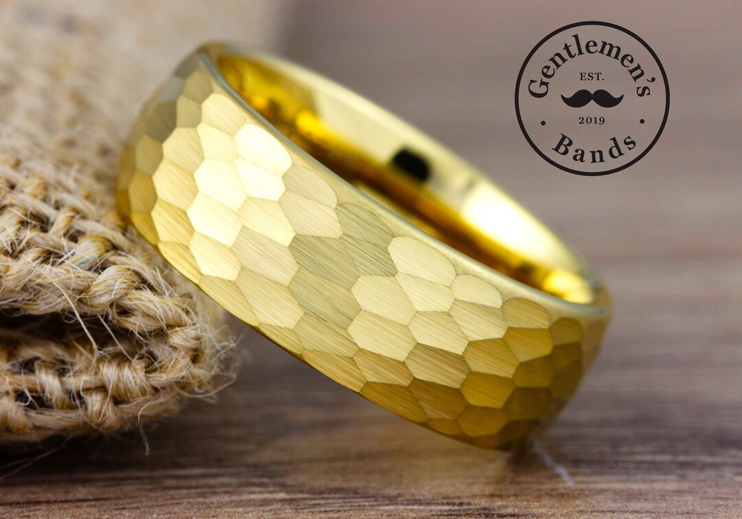 Mens Hammered Wedding Band, Hammered Gold Tungsten Carbide Ring, Mens