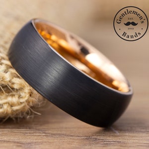 Men&#39;s Black and Rose Gold Wedding Ring, Brushed Wedding Ring, Mens Wedding Band, Mens Engagement Ring, Mens Anniversary Ring, Two Tone Ring