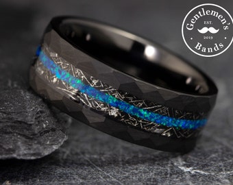 Hammered Meteorite Ring, Men Black wedding Band, Blue Opal Ring, Mens Wedding Band, Meteorite Wedding Band, Engagement Ring, Birthday Gift