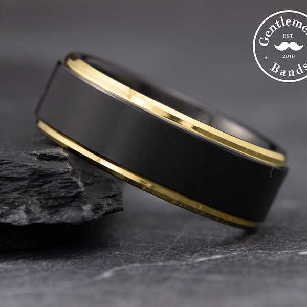 Herren Schwarz und Gold Ehering, gebürstet Ehering, Herrenring, Herrenring, Verlobungsring, Herrenring, zweifarbiger Ring