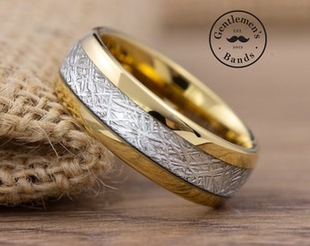 Gold Tungsten Meteorite Ring, Men Wedding Band, Tungsten Ring,Unique Yellow Gold Ring Tungsten Wedding Band Mens Ring Meteorite Wedding Band