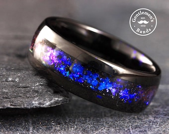 Black Meteorite Ring, Mens Wedding Band, Galaxy Ring, Space Ring, Black Tungsten Ring with Blue Sandstone, Husband 5th Anniversary Gift