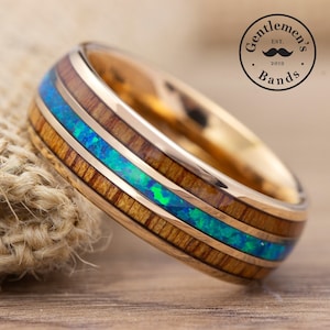 Anello da uomo in legno di tungsteno oro rosa, anello in legno di opale, anello in legno da uomo, fede nuziale in legno, fede nuziale in legno, conchiglia di opale, anello da uomo in legno di koa