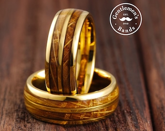 Gold Ring, Mens Wooden Ring, Wood Wedding Band, Whiskey Barrel Wood Ring, Mens Wedding Band, Husbands Anniversary Gift, Engagement Ring
