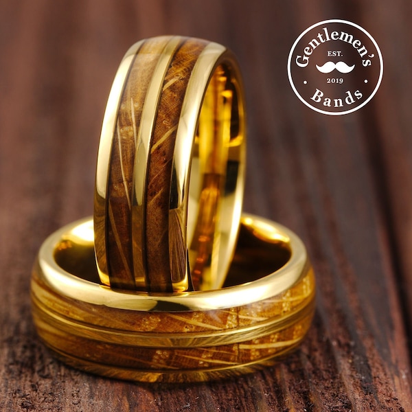 Gold Ring, Mens Wooden Ring, Wood Wedding Band, Whiskey Barrel Wood Ring, Mens Wedding Band, Husbands Anniversary Gift, Engagement Ring