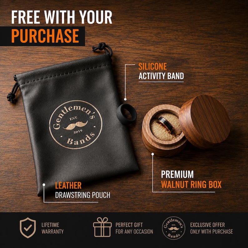 May include: A black leather drawstring pouch with a gold logo, a black silicone activity band, and a round walnut ring box containing a ring. The image includes text labels for the pouch, band, and box, plus warranty and gift information.