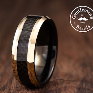 Black Carbon Fiber Wedding Band, Mens Wedding Band, Gold Ring, Husband Anniversary Gift, Comfort Fit, Tungsten Carbide, Black Mens Ring