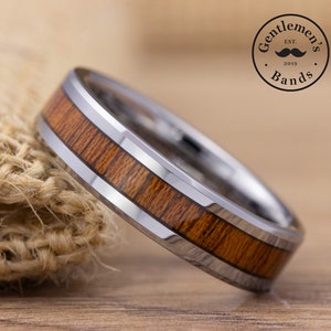 Silver Tungsten Wedding Band, Koa Wood Ring, Wood Wedding Ring, Mens Wedding Band, Thin Ring, Husbands Anniversary Ring, Wood Ring