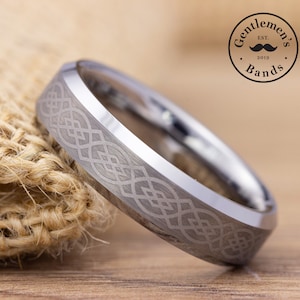 Mens Silver Celtic Wedding Band, Mens Silver Wedding Ring, Mens Celtic Ring, Tungsten Carbide Band, Engagement Ring, Laser Engraved Ring