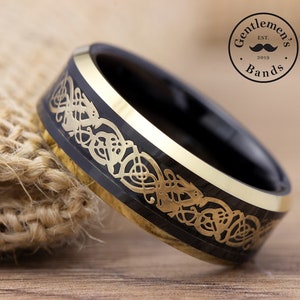 Men&#39;s Black and Gold Wedding Ring, Celtic Wedding Ring, Mens Wedding Band, Mens Engagement Ring, Mens Anniversary Ring, Two Tone Ring
