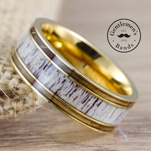 Hunting Wedding Band, Deer Antler Ring, Ring for Men, Wood Wedding Band, Mens Gold Rings, Mens Wedding Band, Whiskey Barrel Ring