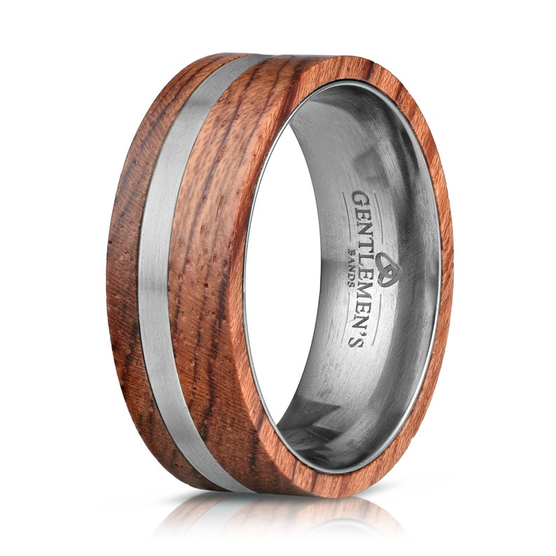 Mens Wood Wedding Band, Mens Unique Ring, Mens Titanium Wedding Band, Titanium Ring Wood Inlay Ring, 8mm Wooden Wedding Rings for Men image 2