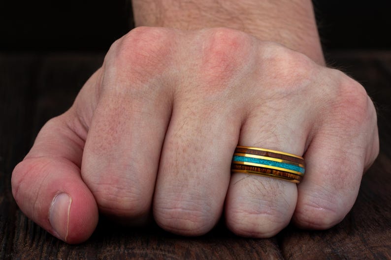 Gold Wedding Band With Turquoise, Men Wedding Band, Wood Wedding Band, Wooden Ring, Unique Ring, Male Engagement, Promise Ring, Rose wood image 3