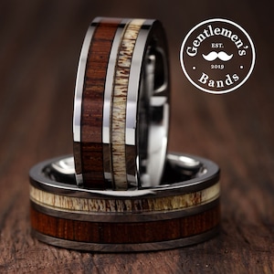 Mens Deer Antler Ring, Mens Unique Wedding Ring, Mens Wedding Band, Tungsten Wedding Band, Wood Tungsten Wedding Band, Deer Antler Ring