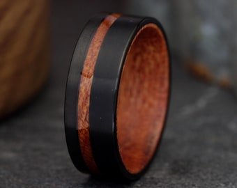 Mens Wood Wedding Band Mens Ring - Brushed Black Mens Wedding Band, TITANUM Ring Wood Inlay Ring - 8mm Unique Wooden Wedding Rings for Men