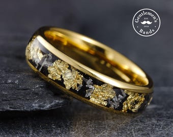 Gold Wolfram Meteorit Ring, Herrenring, Gold Herrenring, echter Meteorit Ehering, einzigartiges Ehering, Blattgold, Geschenk zum Ehemann